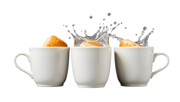 Bread dunking in water splashes in three white mugs