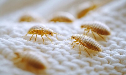 Closeup of bed bugs crawling on white cloth, highlighting the need for effective pest management strategies to address increasing infestations in residential and hotel settings, Generative AI