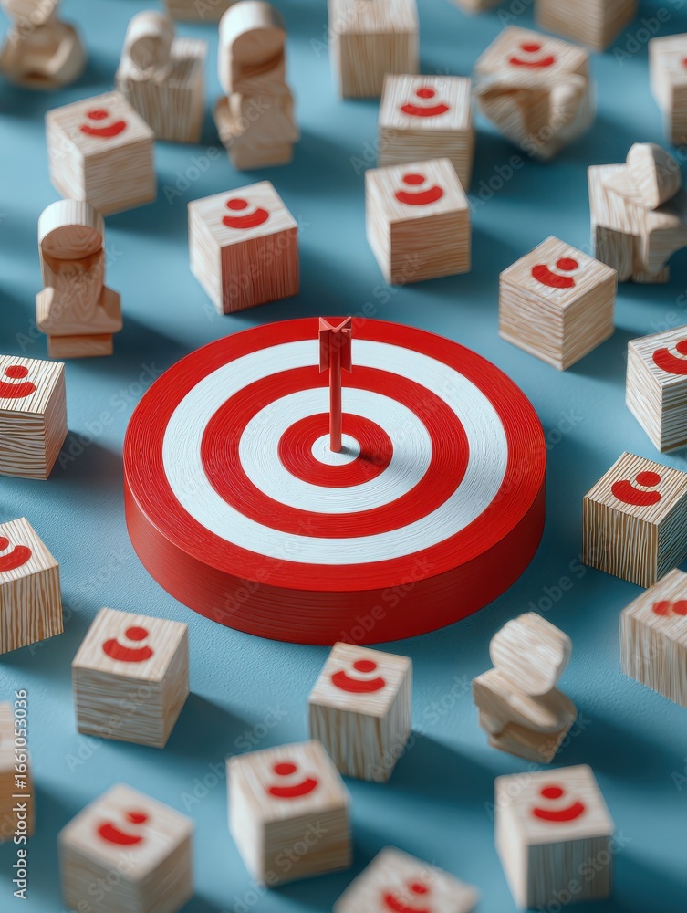 Poster a red target with an arrow in the center surrounded by wooden cubes with people icons on a blue background in a flat lay top view 