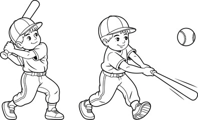 Cartoon boy playing baseball in ready stance and hitting pose for sports, activity, children’s illustration, and game design projects