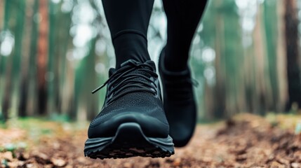A person running in a forest.