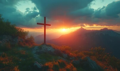 Holy cross symbolizing the death and resurrection of Jesus Christ, set against a stunning sunset in a mountainous landscape. Majestic light and clouds evoke the sacredness, Generative AI
