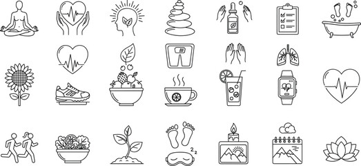 Health and wellness icon set featuring meditation, nutrition, relaxation, self‑care, fitness, sleep, nature, and lifestyle symbols for design projects