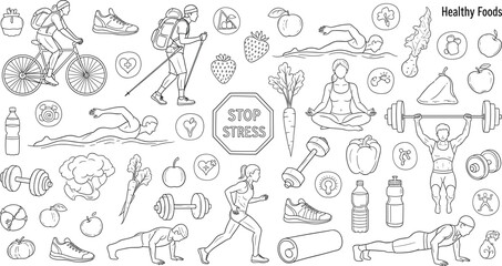 Healthy lifestyle icon and scene set featuring exercise, nutrition, hydration, and mindfulness for wellness, sport, and self‑care design projects