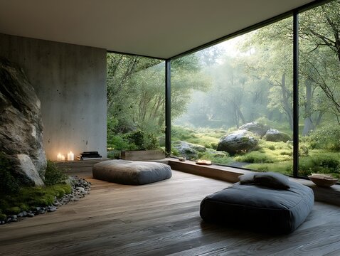 Serene meditation room features floor cushions, large overlooking tranquil forest, foste calm and peace. - Powered by Adobe