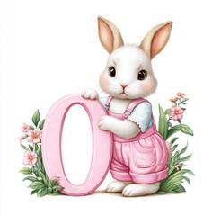 Cute Bunny Holding Pink Number Zero with Flowers