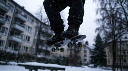 A person in black pants and shoes is skateboarding in the snow.