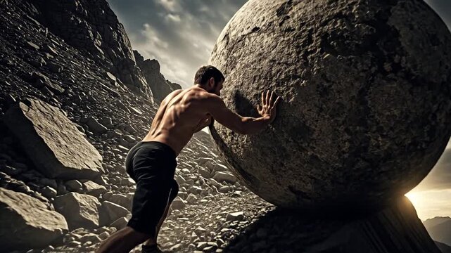 A strong determined man pushing a giant boulder up a mountain, symbolizing overcoming challenges and persistence.