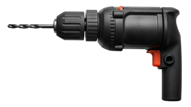 Corded drill with orange accents isolated on a transparent background tool trigger