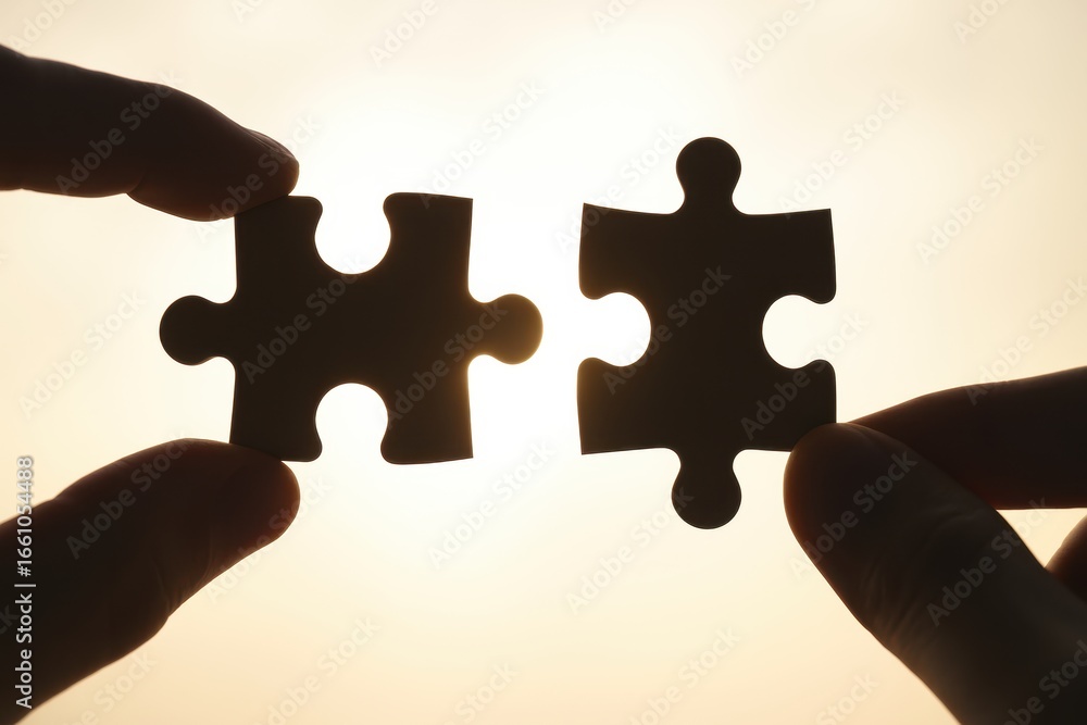 Poster hands holding two puzzle pieces against a soft background symbolizing connection, unity, and problem