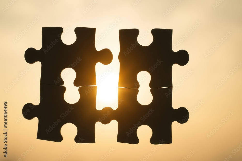 Poster silhouette of two interlocking puzzle pieces against a bright sunset background symbolizing connecti