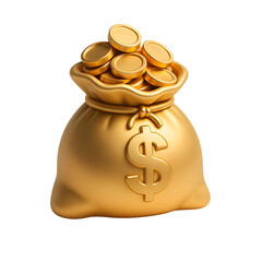 3d icon of gold money bag with dollar sign and coins isolated on transparent background for wealth