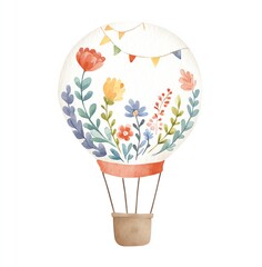 A whimsical watercolor hot air balloon adorned with vibrant flowers and cheerful bunting, floats against a pristine white background.