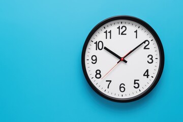 Simple Wall Clock with Black Frame against a Bright Blue Background, Displaying Time Clearly, Ideal for Home or Office Decor, Modern Aesthetic, Minimalist Design
