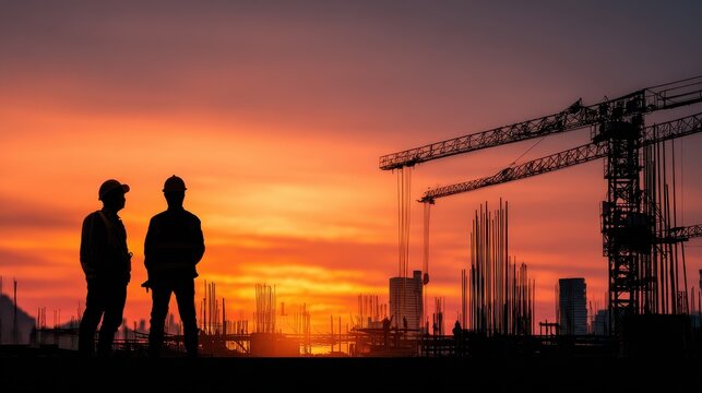 silhouette of engineer and worker on building site construction site at sunset in evening time no logos no brands ar 169 - Powered by Adobe