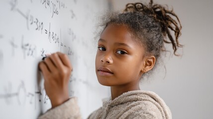 portrait of african girl writing solution of sums on white board at school black schoolgirl solving addition sum on white board with marker pen school child thinking while doing mathematics problem n