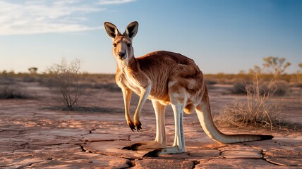 Majestic Red Kangaroo Standing Proudly in the Australian Outback at Golden Hour Embodying Strength and Resilience with Dry Cracked Earth and Sparse Vegetation