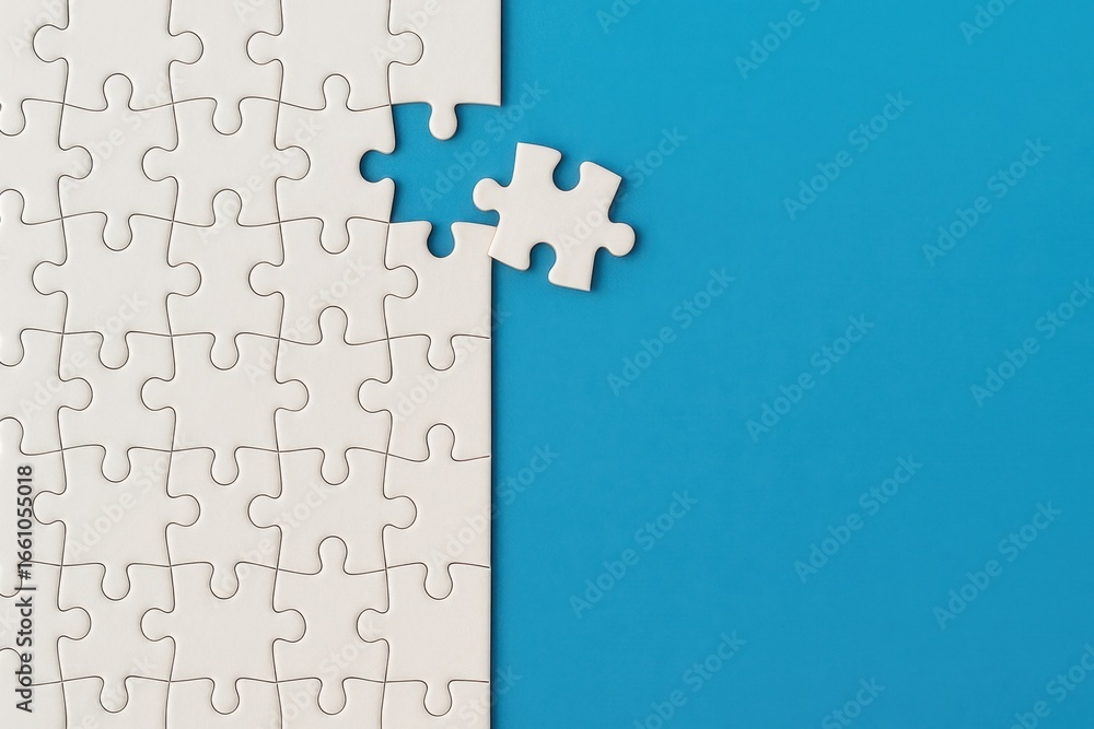 Poster white puzzle pieces on a solid blue background with one piece almost fitting into an empty space ill