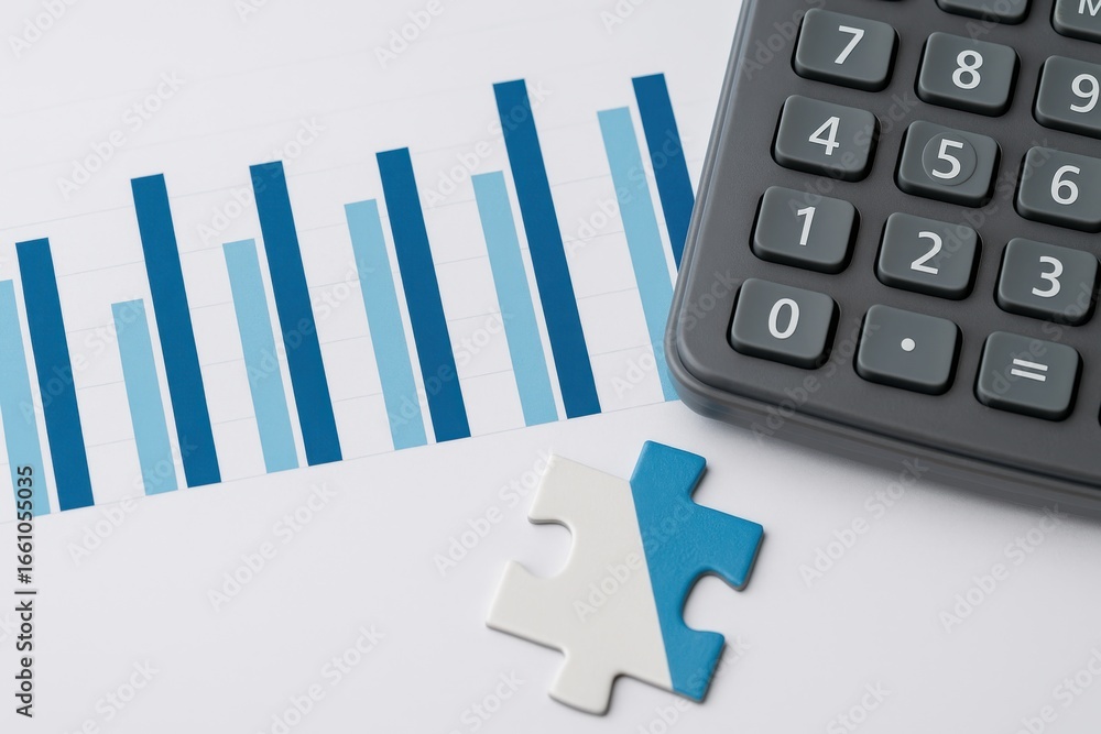 Poster financial growth analysis with calculator and puzzle piece representing business strategy and proble