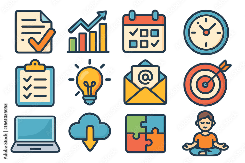 Aufkleber productivity icon set for business workflow and project management. vector icons for time management