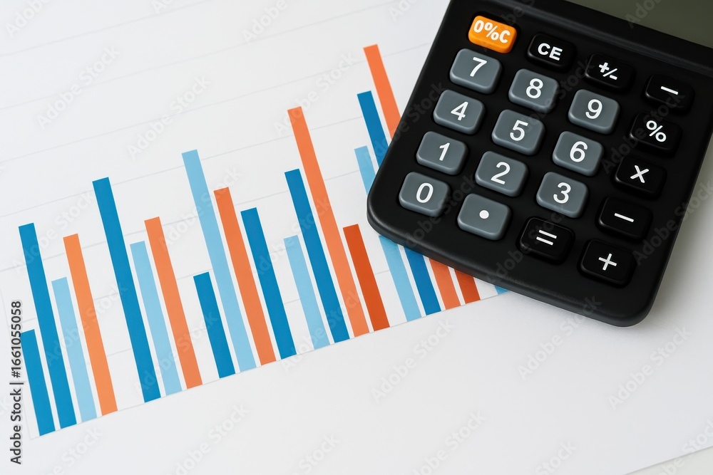 Poster financial analysis with graph and calculator showing data trends in bright colors and clear visual r