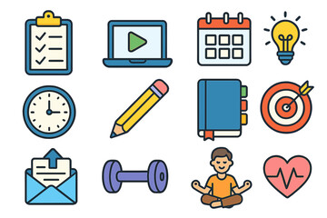 Productivity and wellness icon set. Vector symbols for time management, goals, work life balance, meditation, health, and exercise. Flat cartoon style business collection.