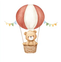 Adorable teddy bear enjoys a whimsical hot air balloon ride, surrounded by colorful bunting. A charming watercolor illustration.