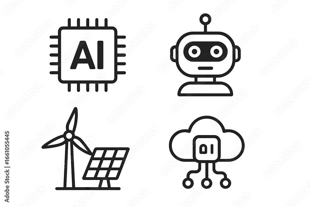 Aufkleber technology line icon set. ai artificial intelligence chip, robot, green energy with solar panel and 