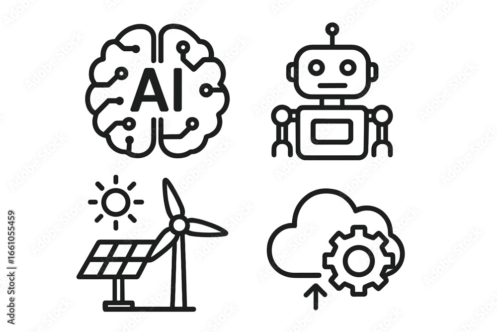 Aufkleber technology icon set with ai brain, robot, renewable energy, and cloud computing symbols. modern line