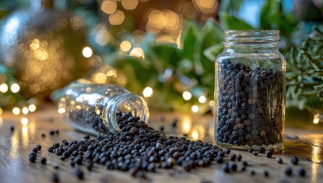 Black peppercorns spill from glass jars, surrounded by festive lights & greenery - Powered by Adobe