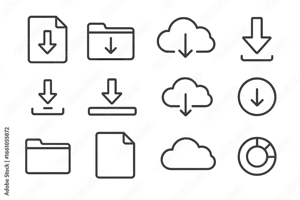 Aufkleber download and upload icon set. simple line art collection with file, folder, cloud storage, and arrow