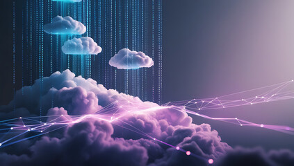 A cinematic photograph of layers of data clouds cascading down with glowing blockchain lines that shimmer and pulse with a soft ethereal light, softly lit with a gradient color palette that transition