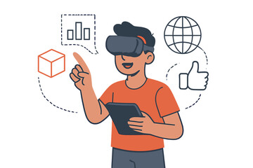 Man in VR headset explores augmented reality. User with tablet interacts with virtual interface, data chart, and icons. Metaverse, future technology, and innovation concept vector.