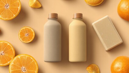 Two beige bottles with wood caps, orange slices, and a soap bar