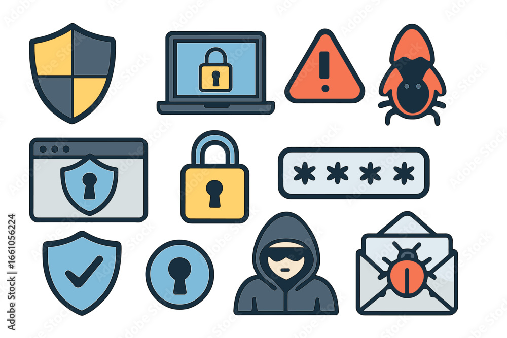 Poster cybersecurity icon set. collection of internet security and data protection symbols. hacker, virus, 