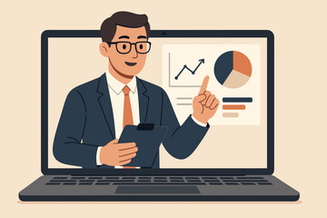 Business consultant on laptop screen giving online presentation. Concept for financial advisor, remote expertise, virtual meeting, data analysis, marketing strategy, and webinar.