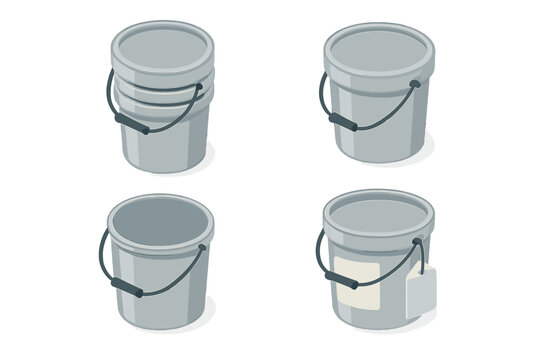 Storage buckets and utility pails icon set. Isometric vector illustration of stackable containers with handles, lids, and label tags. Flat design graphic for organization.