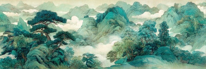 Misty mountain landscape with lush green trees and pines