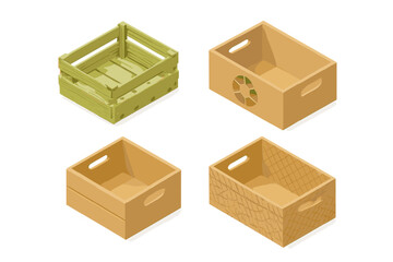 Obraz premium Biodegradable crate isometric icon set. Eco friendly packaging concept. Sustainable produce box. Bamboo, recycled cardboard, and jute container for shipping. Vector illustration.