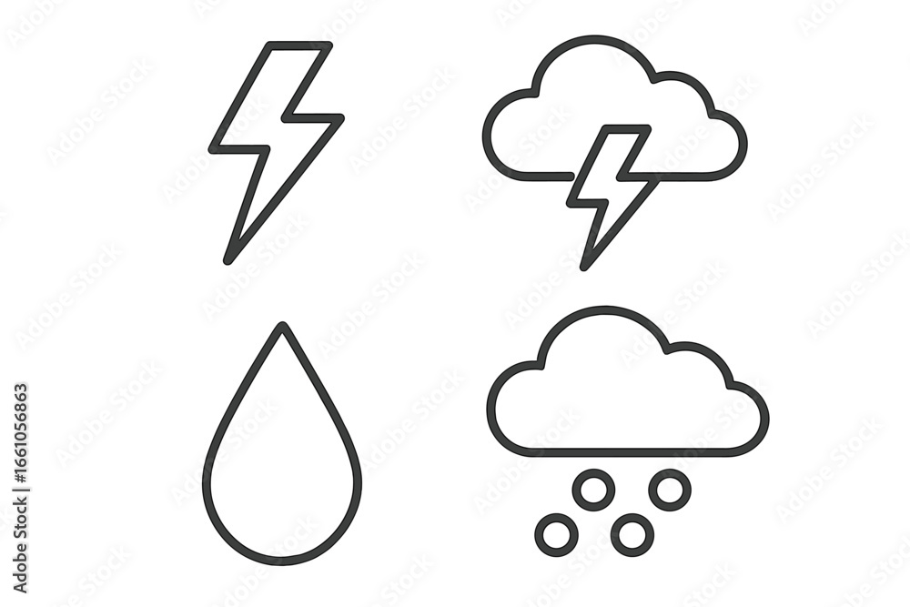 Poster storm phenomena weather outline icon set. vector collection of linear symbols. thunder bolt, lightni