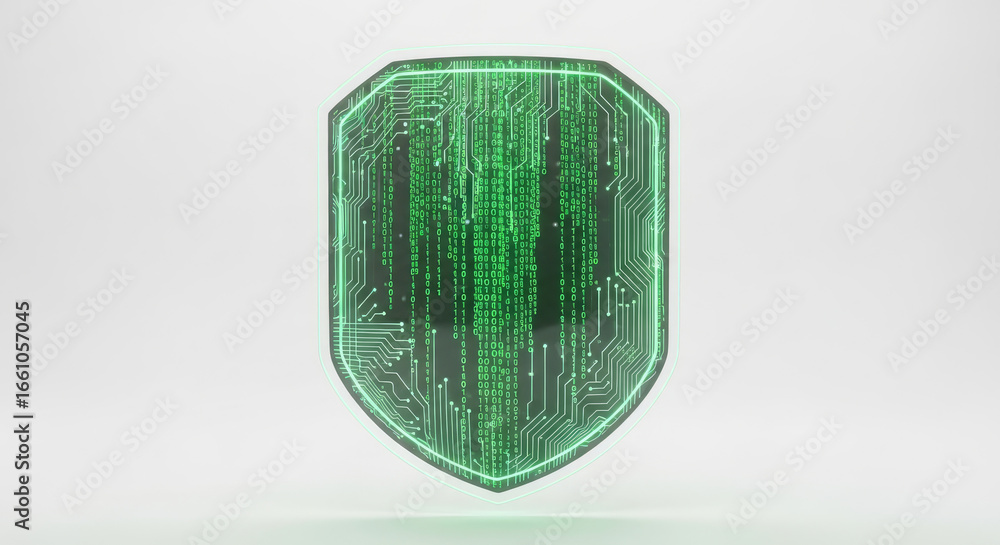 Poster a green digital shield with circuit board pattern and binary code on a white background