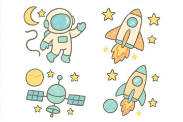Naklejka premium Set of cute space icons. Astronaut, rocket, satellite, planet in pastel crayon style. Whimsical hand drawn kid's doodle vector illustration for children. Galaxy exploration cartoon.