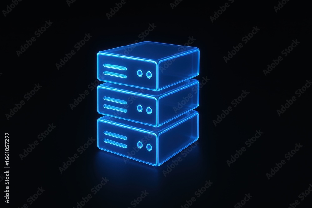 Poster three stacked digital storage units glowing in blue light on a dark background representing technolo