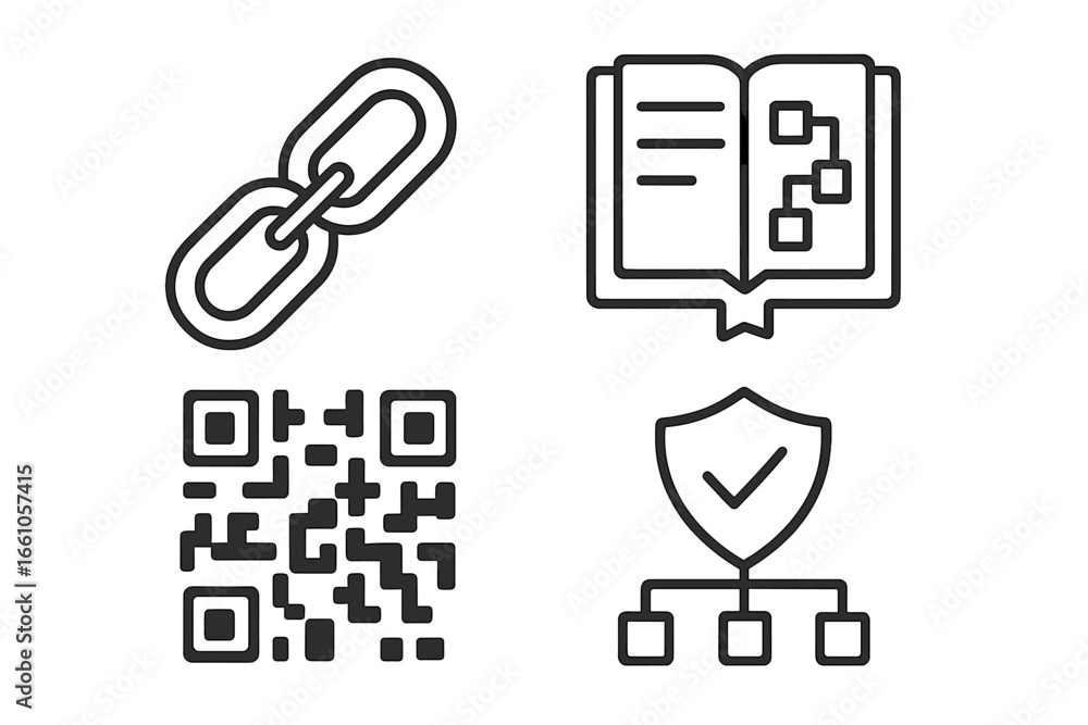 Poster blockchain technology outline icon set. includes concepts of digital ledger, smart contract, secure 