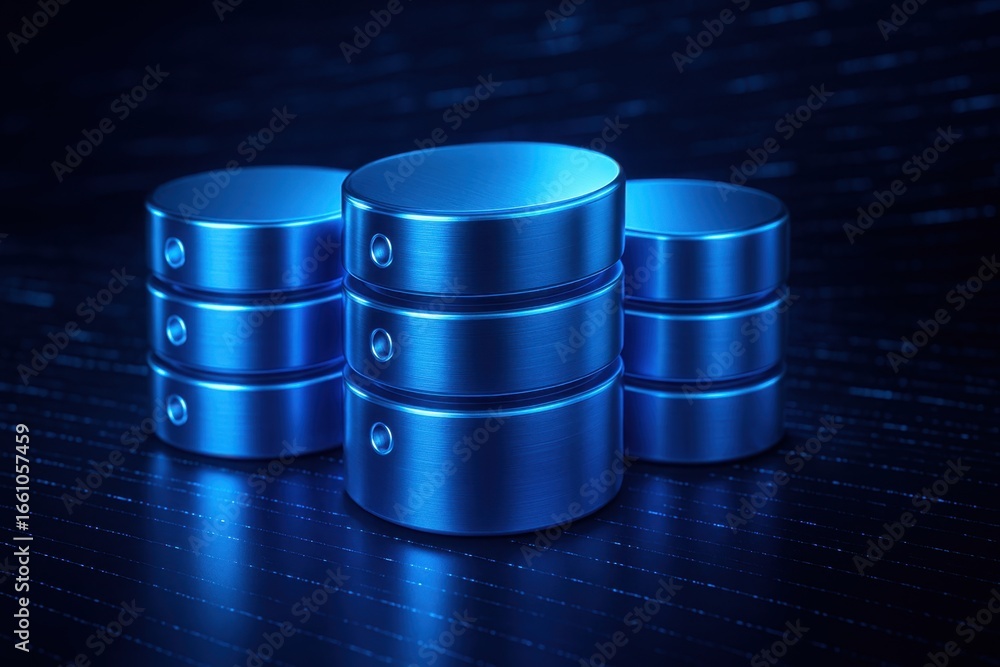 Poster metallic storage disks with glowing blue light on digital background ideal for technology and data m