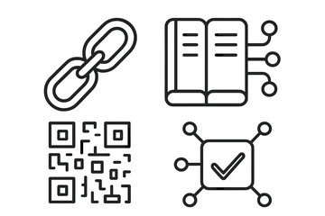 Blockchain technology line icon set. Vector concepts of cryptocurrency, fintech, and decentralized digital networks. Symbols for smart contract, digital ledger, transaction, and QR code.