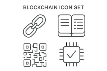 Blockchain technology outline icon set. Vector icons for cryptocurrency, fintech, and decentralized finance. Includes chain, digital ledger, QR code, and smart contract symbols.