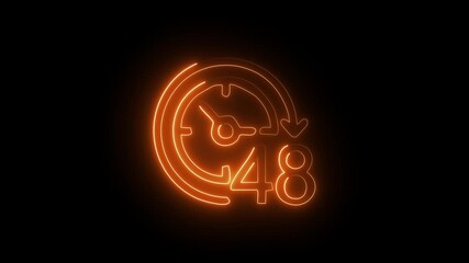 Neon glowing 48 hours countdown timer, abstract futuristic time concept, deadline and pressure idea, digital clock design, 4k video animation on dark black background.