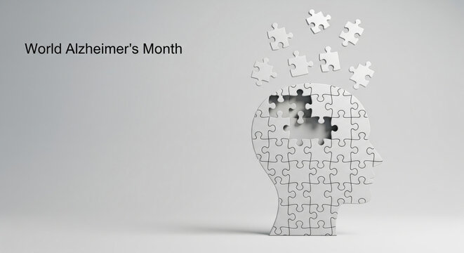World Alzheimer Month awareness concept, human head silhouette made of puzzle pieces with some pieces missing, symbolizing memory loss and cognitive decline, on light background - Powered by Adobe