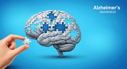 Brain puzzle missing pieces hand holding puzzle piece blue background Alzheimer awareness memory loss mental health cognitive decline medical concept emotional healthcare neurology